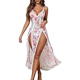 PITINAN Women Lingerie Lace Babydoll Chemise Sexy Mesh Nightdress V Neck Nightwear Side Split Nightgown S-XXL