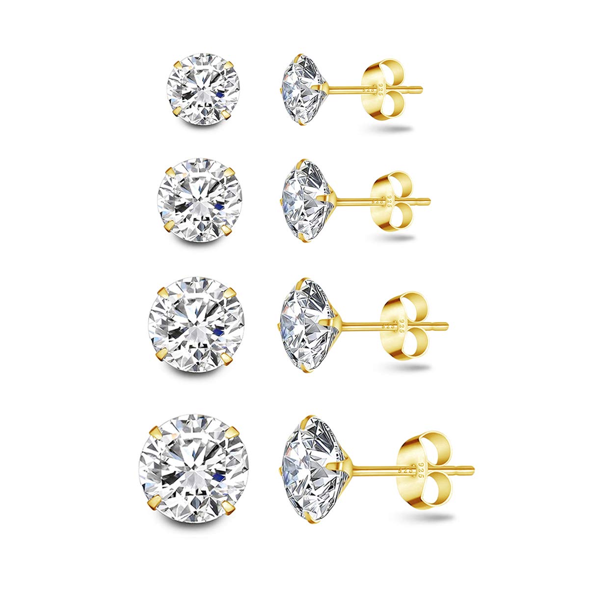Deyanse Silver Stud Earrings for Women, 4 Pairs 925 Sterling Silver Stud Earrings Set, Gold Unisex Small Sleeper Cartilage Cubic Zircon for Multiple Piercings, Studs Size: 3, 4, 5, 6mm