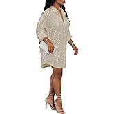 Vaceky Sequin Shirt Dress Women Collared Button Down Long Sleeve Flowy Tunic Dresses