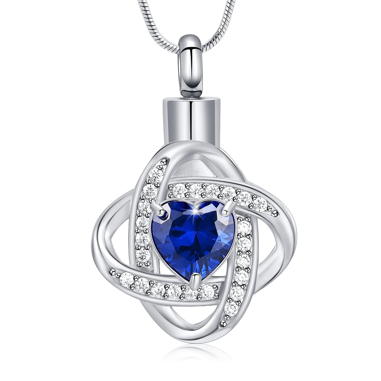Love Knot Birthstone Urn Necklaces for Ashes Cremation Jewelry Urns Pendant for Human Ashes Memorial Keepsake Jewelry for Loved One (Silver-blue)