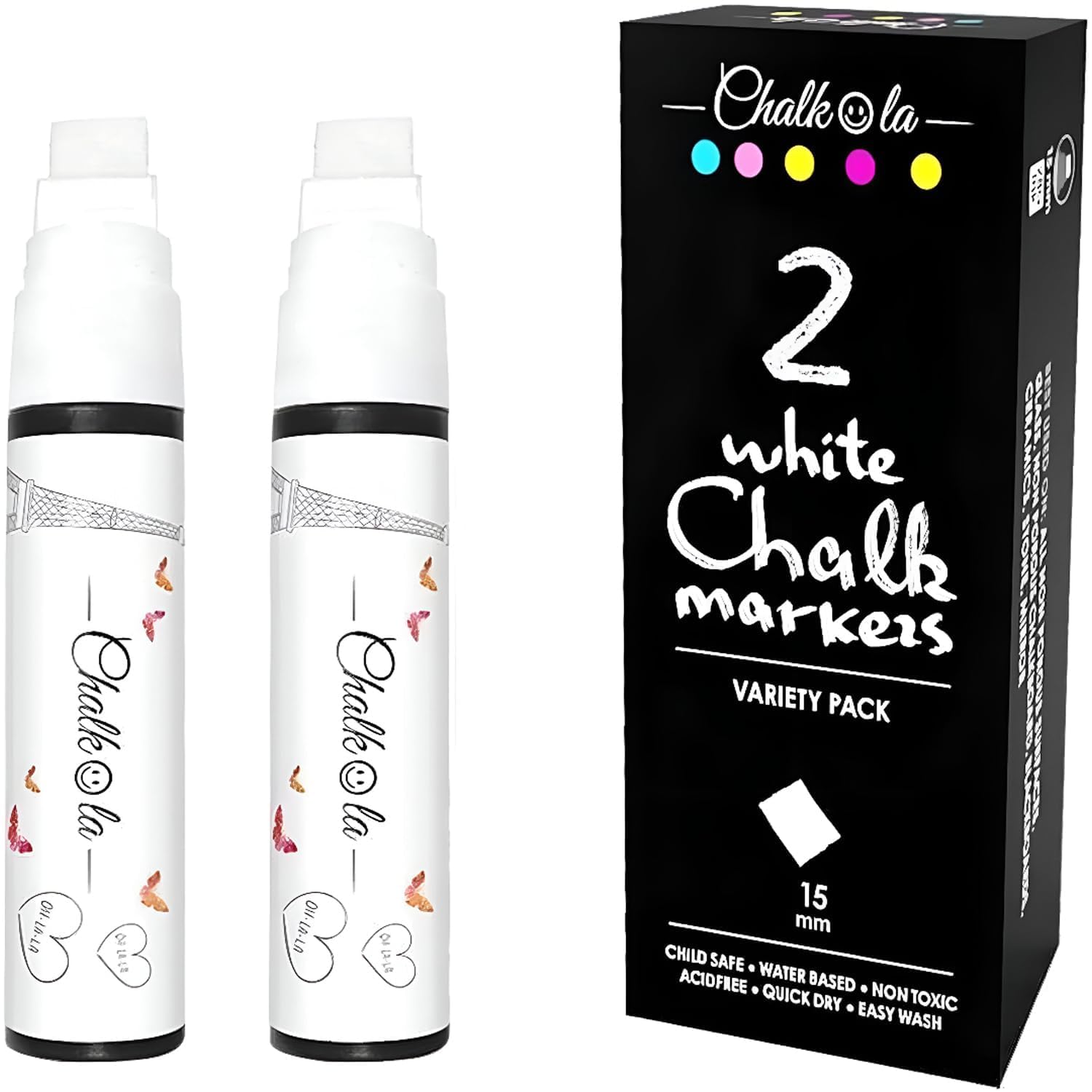 White Jumbo Chalk Pens - 15mm Window Markers | Pack of 2 White pens - Use on Cars, Chalkboard, Whiteboard, Blackboard, Glass, Bistro | Loved by Teachers, Artists, Businesses