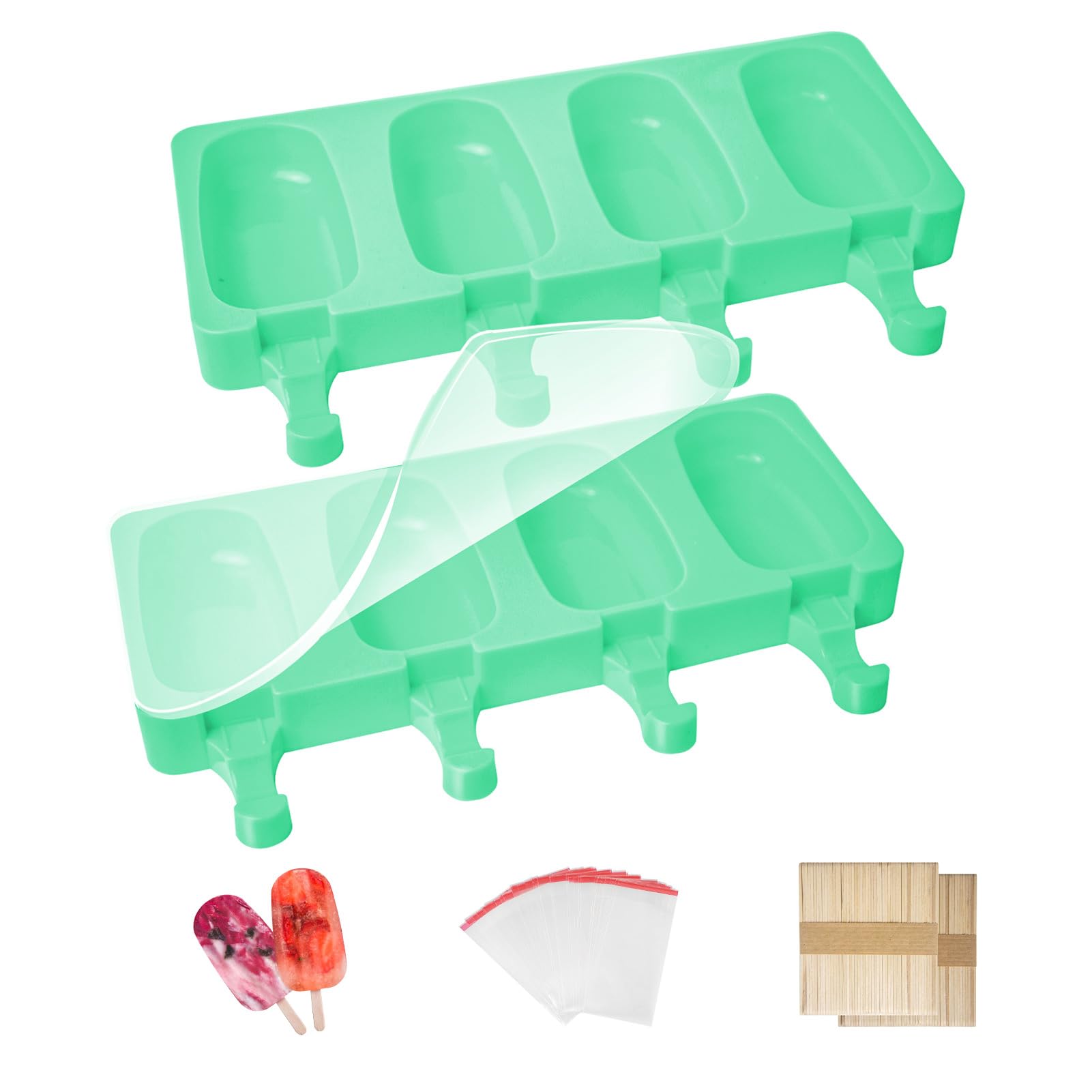2Pcs Ice Lolly Moulds with Sticks, Non-Stick Cakesicle Moulds, Silicone Ice Popsicle Mould with Lid, 100 Sticks and 50 Popsicle Bags for DIY Ice Cream, BPA-Free