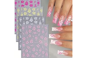 FBABFBUO 8PCS Flower Nail Art Stickers, Hawaiian Flowers Nail Decals White Pink Yellow 3D Self-Adhesive Flowers Stickers for Nails Summer Floral Manicure Sliders for Women Girls Nail Art Decorations