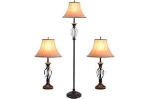 Smeike 3 Pack Lamp Set, Living Room Light Set of 3, Floor and Table Lamp Set in Black Finish with Vintage Brown Fabric Light Shades, 26" and 61"(H), Solid Iron