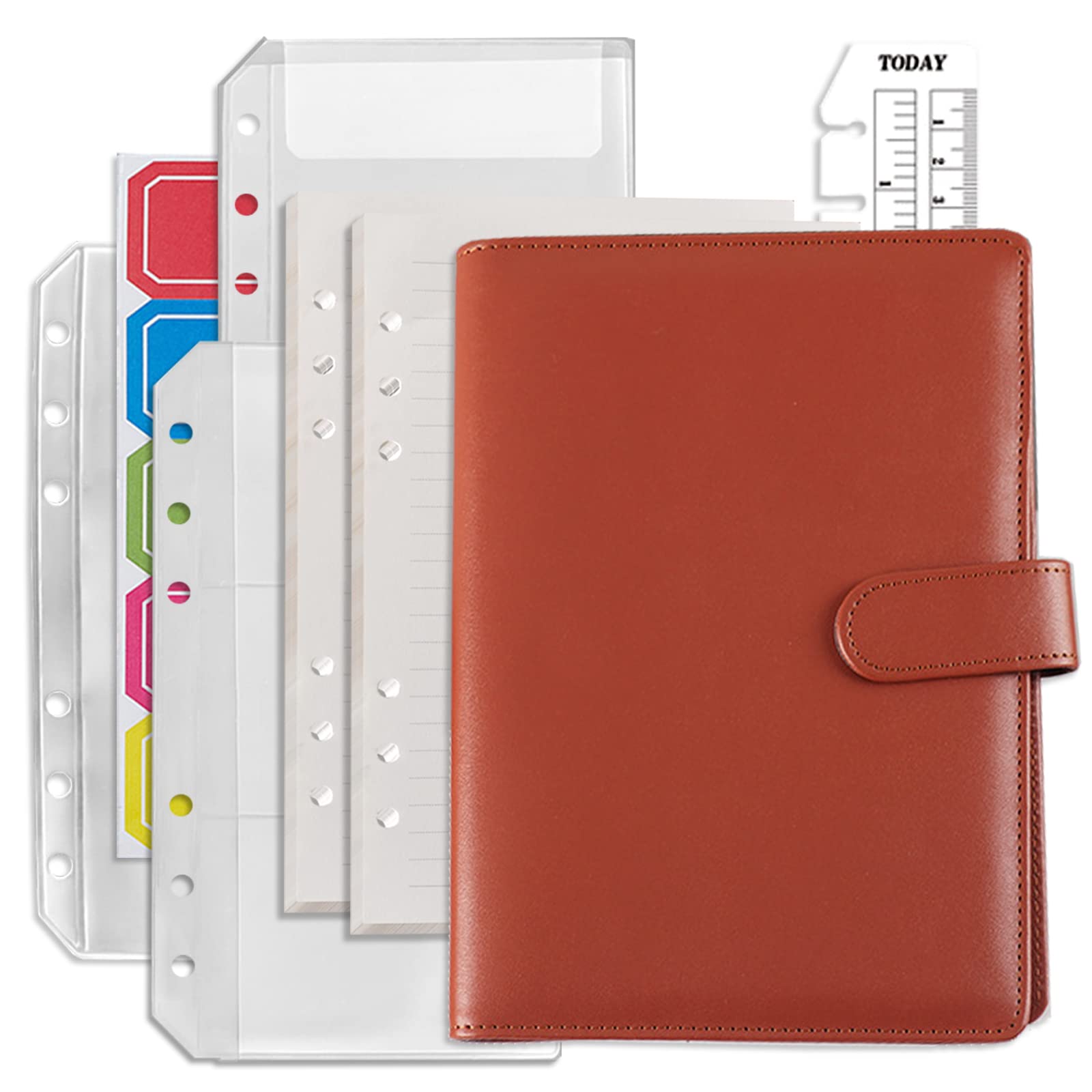 DY.2ten Refillable Notebook Set with Cover - 90 Sheets (180 Pages) of Lined Paper + A6 Zipper Binder Pockets + A6 3-Pockets Storing Bag & PU Binder Cover with 6 Hole Loose Leaf