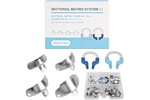 VOCADOK Dental Sectional Matrix System C2 Tooth Interproximal Sectional Contoured Metal Matrices Refill Matrix Bands M4 1.0+R7 Nickel Titanium Clamp Ring Resin Holder（100Pcs+1Pcs）
