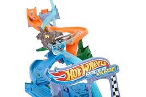 Hot Wheels Toy Car Track Set, RacerVerse Jurassic World Crash & Splash Playset with Die-Cast Velociraptor Vehicle, Dinosaur Race with Spinosaurus