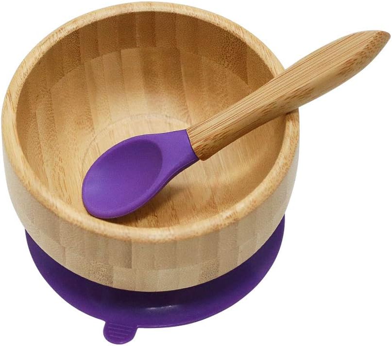 Homevibes Baby Suction Bowl and Spoon Set, Silicone & Natural Bamboo Toddler Feeding Training Bowl with 7 Colors (Purple)