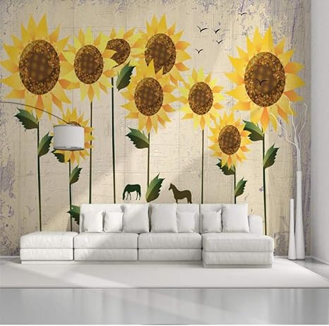 Amazon Mzznz ヴィンテージ壁紙カーキ壁画壁紙キッズルーム用ハンドペイント壁紙ひまわりかわいい写真の壁紙リビングルーム 150x1cm 壁紙