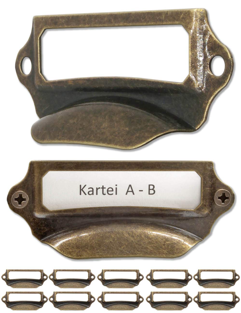 Fuxxer® 10 x Label Window Metal Handles in Antique Brass for Drawers & Archives (70 x 29 mm)