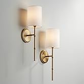Regency Hill Abigale Modern Wall Light Sconces Set of 2 Brass Gold Metal Hardwired 5" Fixture White Fabric Shade for Bedroom 