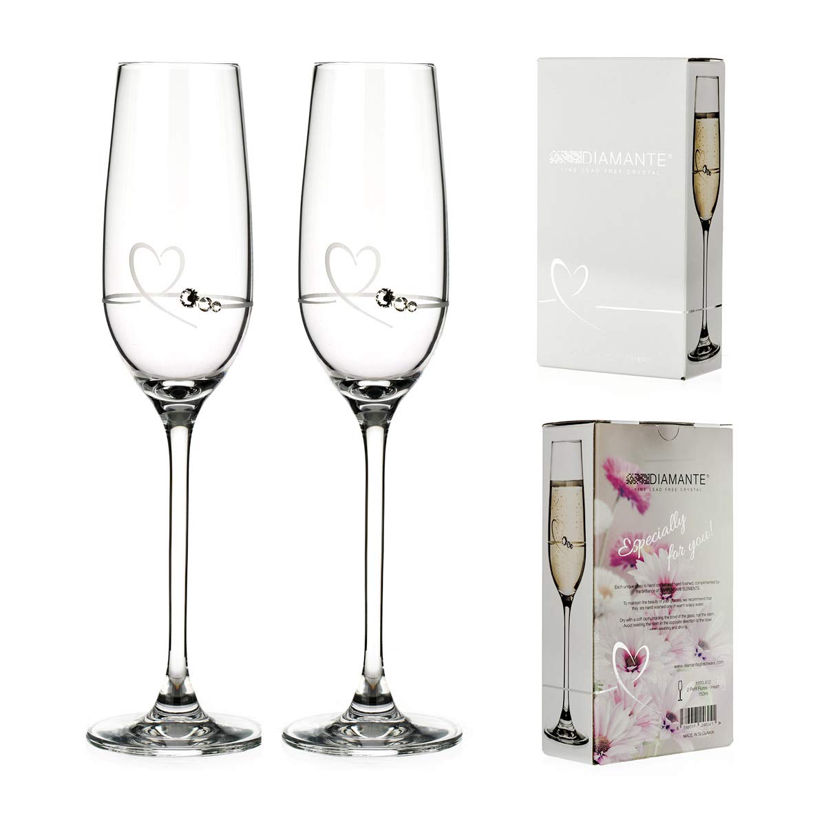 DIAMANTE Petit Valentine Heart Flute Pairs Etched Design Embellished with Swarovski Crystals - Set of 2 in giftbox