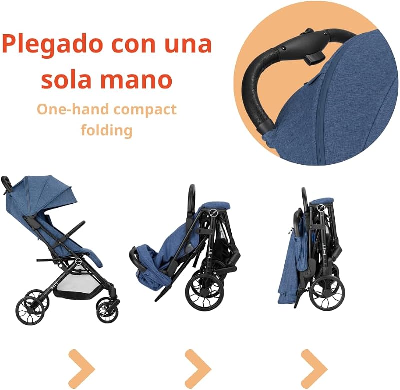 Hit Silla de Paseo Ligera hasta 22 kg, Plegado Compacto con Una Mano, Asa de Transporte, Respaldo Reclinado, Capota Extensible, Azul