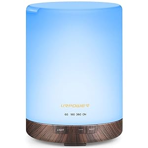 URPOWER 2nd Gen 300ml Aroma Essential Oil Diffuser Night Light Ultrasonic Air Humidifier with AUTO Shut off and 6-7 HOURS Continuous Diffusing - 7 Color Changing LED Lights and 4 Timer Settings