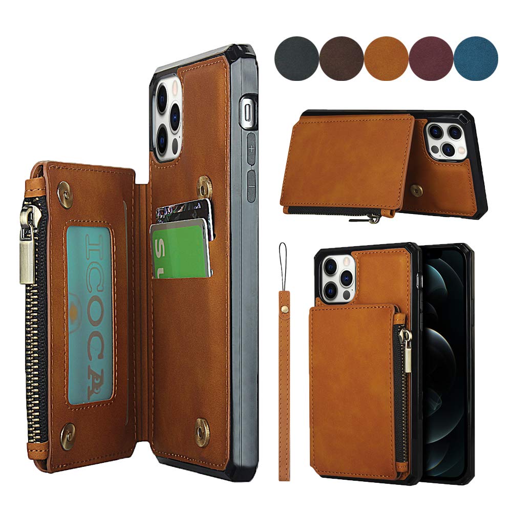 SailorTech Wallet Case Compatible with iPhone 12 Pro Max Premium PU Leather Case Zipper Change Pocket Case with Card Slots Wrist Strap Kickstand Protective Flip Back Cover - Khaki