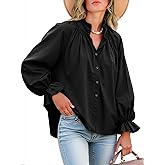 Tankaneo Womens Puff Long Sleeve Button Down Shirts Pleated V Neck Cotton Blouses Loose Fit Casual Ruffle Tops