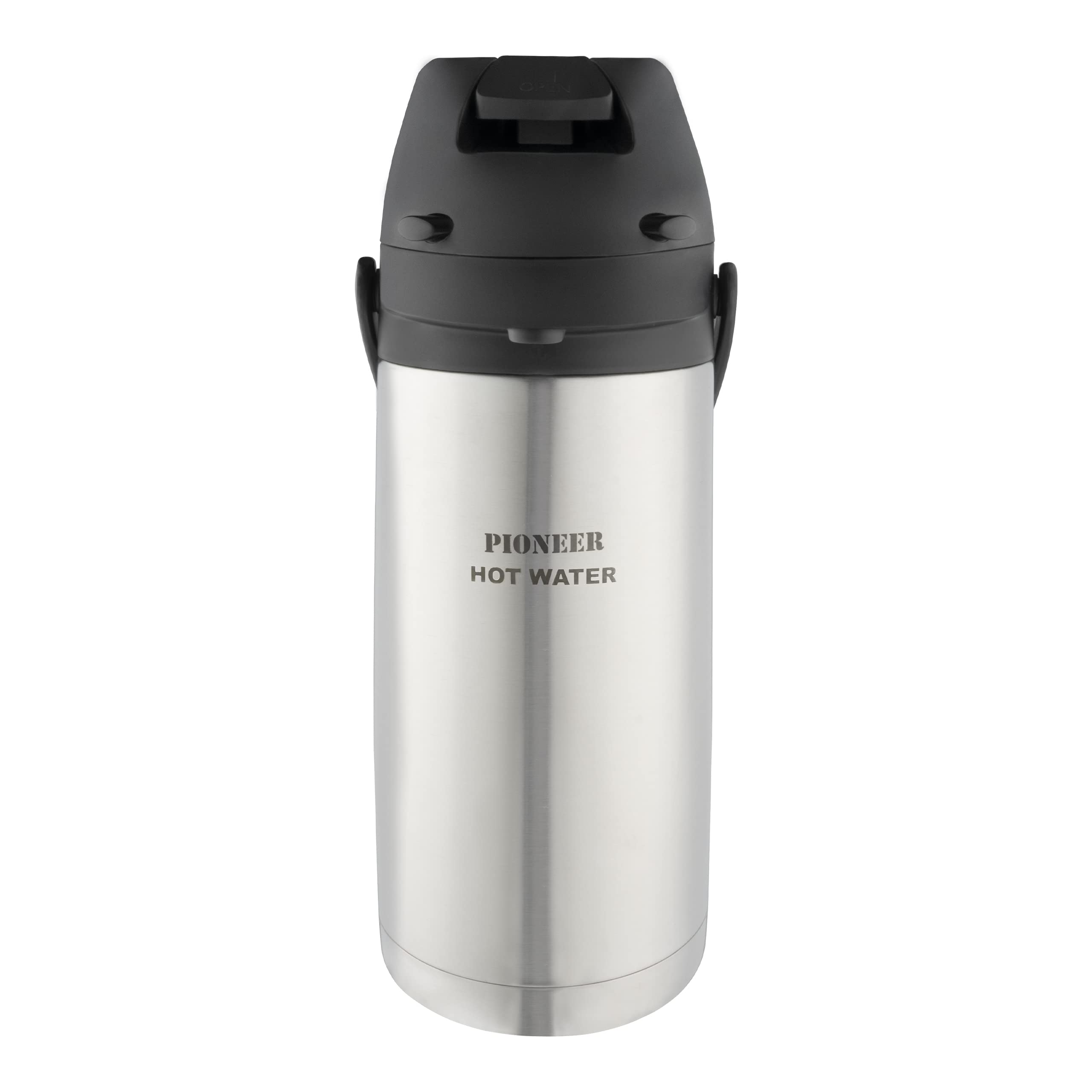 Pioneer 1.9L Stainless Steel Lever Airpot, Leakproof Flask for Hot and Cold Drinks, Easy Pump Drink Dispenser for Events with Water Label
