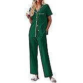 Ekouaer Women's 100% Cotton Pajamas Set Short Sleeve Button Down Pjs 2 Piece Soft Sleepwear with Long Pants Lounge Set Green Medium