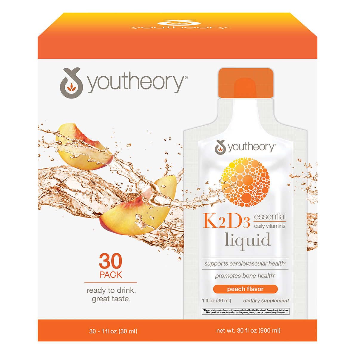 Youtheory Liquid K2D3 Liquid 500 mg, Peach Flavor, 30 Packets