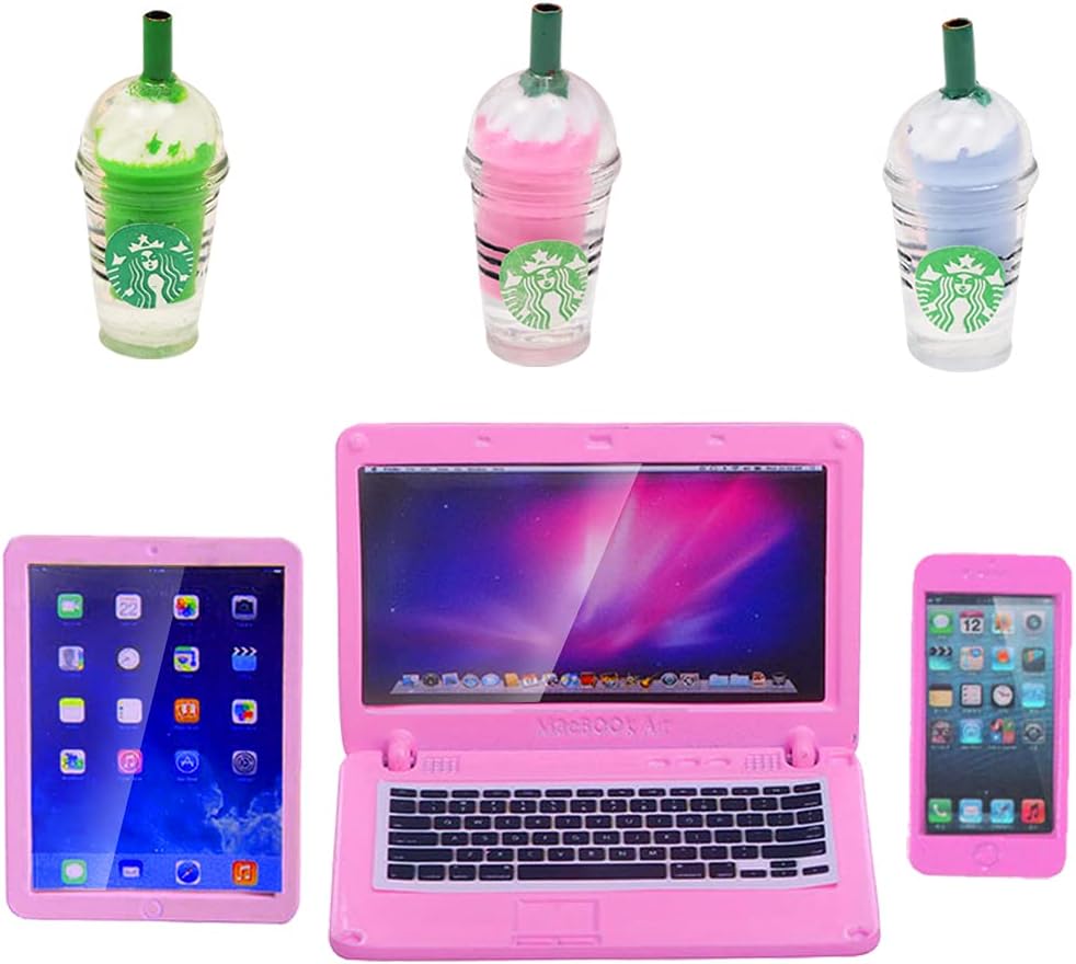 QICI 6 Pcs Dollhouse Decoration Accessories, Dollhouse Mini Laptop Computer Tablet Phone and Coffee Simulation Accessories for Doll 1/6 1/12 Miniatures Toy Set