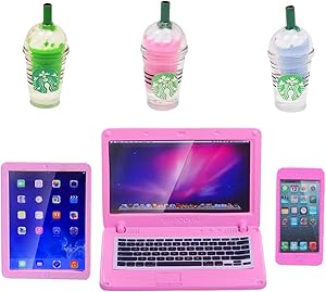 QICI 6 Pcs Dollhouse Decoration Accessories, Dollhouse Mini Laptop Computer Tablet Phone and Coffee Simulation Accessories for Doll 1/6 1/12 Miniatures Toy Set