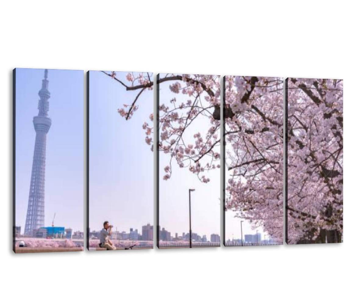 KiiAmy 5 Panels Art Wall Decor View of Tokyo skytree Tower at sumida Park Cherry Blossoms at Night A