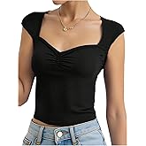 RoseSeek Girl's Ruched Cap Sleeve Tops Sweetheart Neck Slim Fit Cropped T Shirts Cute Summer Clothes