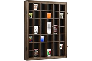 Odjaraye Shot Glass Display Case - 34 Holder for Wall, Rack Organizer Cabinet Lockable With 98% UV Protection Acrylic Door and Removable Shelf, Walnut