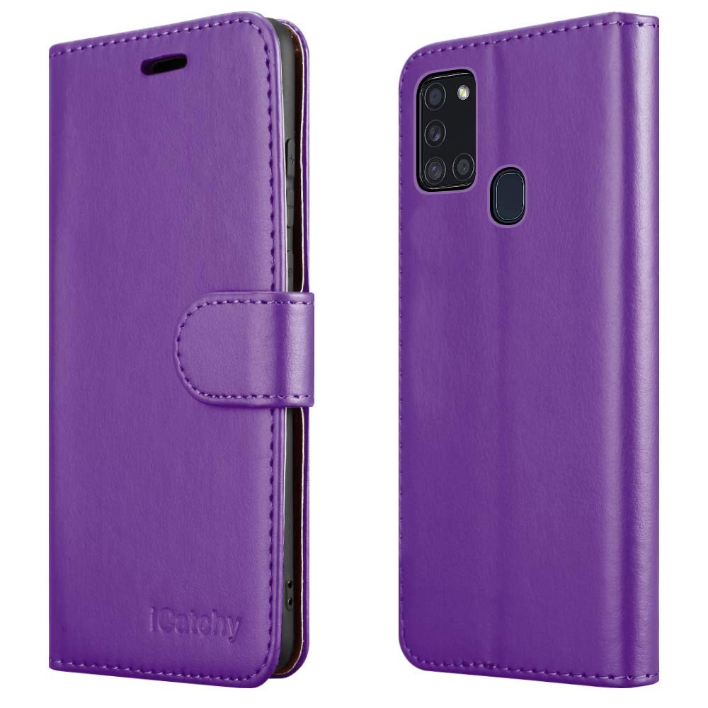 iCatchy For Samsung Galaxy A21s Case Leather Wallet Book Flip Folio Stand View Cover compatible with Samsung Galaxy A21s (6.5") Phone Case (Purple)