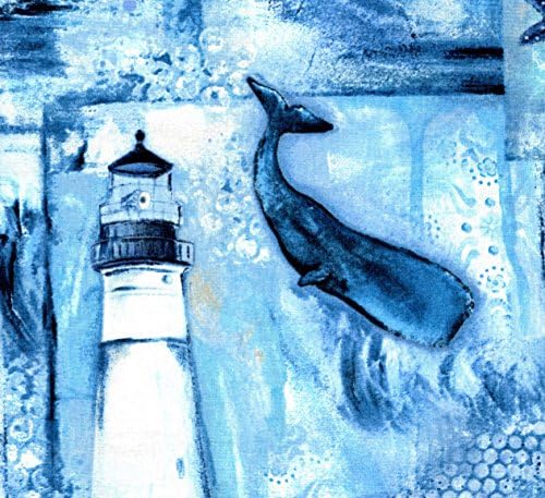 Lighthouse and Whales on Blue Cotton Fabric Meter Oversize Yard