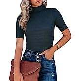 Lacozy Women Casual Short Sleeve Shirt Basic Mock Neck Top Slim Fit Ribbed Knit Pullover Sweater