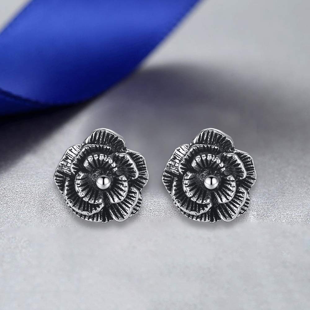 Women\'s Black Rose Stud Sterling Silver Earrings