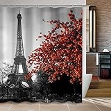 Uphome 72 x 72 Inch Waterproof Grey Paris Eiffel Tower Custom Bathroom Shower Curtain - Cityscape Red Flower Polyester Fabric Bathroom Curtain Ideas ()