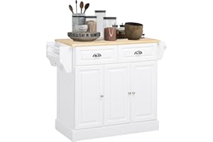 HOMCOM Kitchen Island on Wheels, Rolling Kitchen Cart with Rubber Wood Top, Towel Rack, Spice Rack, Storage Drawer and Cabine