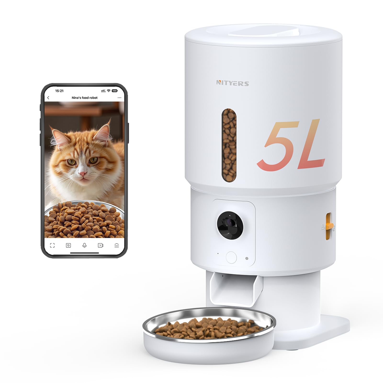 Photo 1 of Automatic Cat Feeder with Camera - 5G WiFi Timed Cat Food Dispenser, 1080P HD Video with Night Vision, 1-15 Meals, 1-99 Portions, 2-Way Audio, Keeps Dry Food Fresh, 5L Auto Pet Feeder Also for Dogs