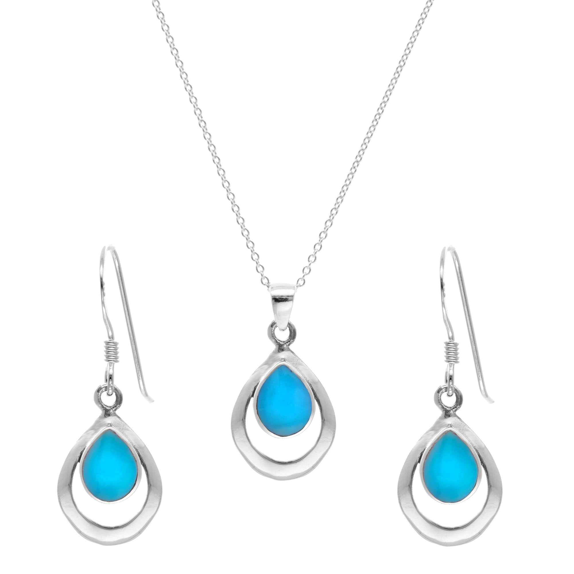 Silverly Sterling Silver Turquoise Open Teardrop Jewellery Set for Women - 925 Silver Pear-Shaped Drop Earrings – Simple Minimalist Blue Birthstone Earrings and Necklace - Gemstone Jewellery Gift