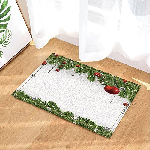 Penny McCarthy Xmas Decor, Red and Sliver Christmas Balls in Green Pine Tree Bath Rugs, Non-Slip Doormat Floor Entryways Indoor Front Door Mat, Kids Bath Mat, Bathroom Accessories