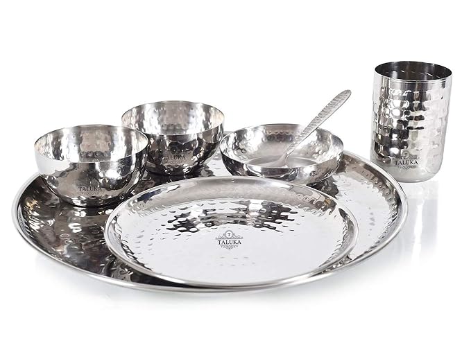 Taluka Stainless Steel Hammered Dinner Thali Set, Standard, Silver, 7 Piece