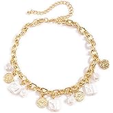 Gold Charm Necklace for Women White Pearl Choker Necklace Head Portrait Square Pendant Necklace Boho Charm Necklace Beach Necklace Jewelry for Women