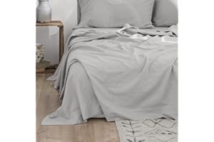 BISELINA Linen Cotton Blended Flat Sheet 1 Piece Only Basic Style Solid Color Soft Breathable Farmhouse Top Sheet - Grey, Que