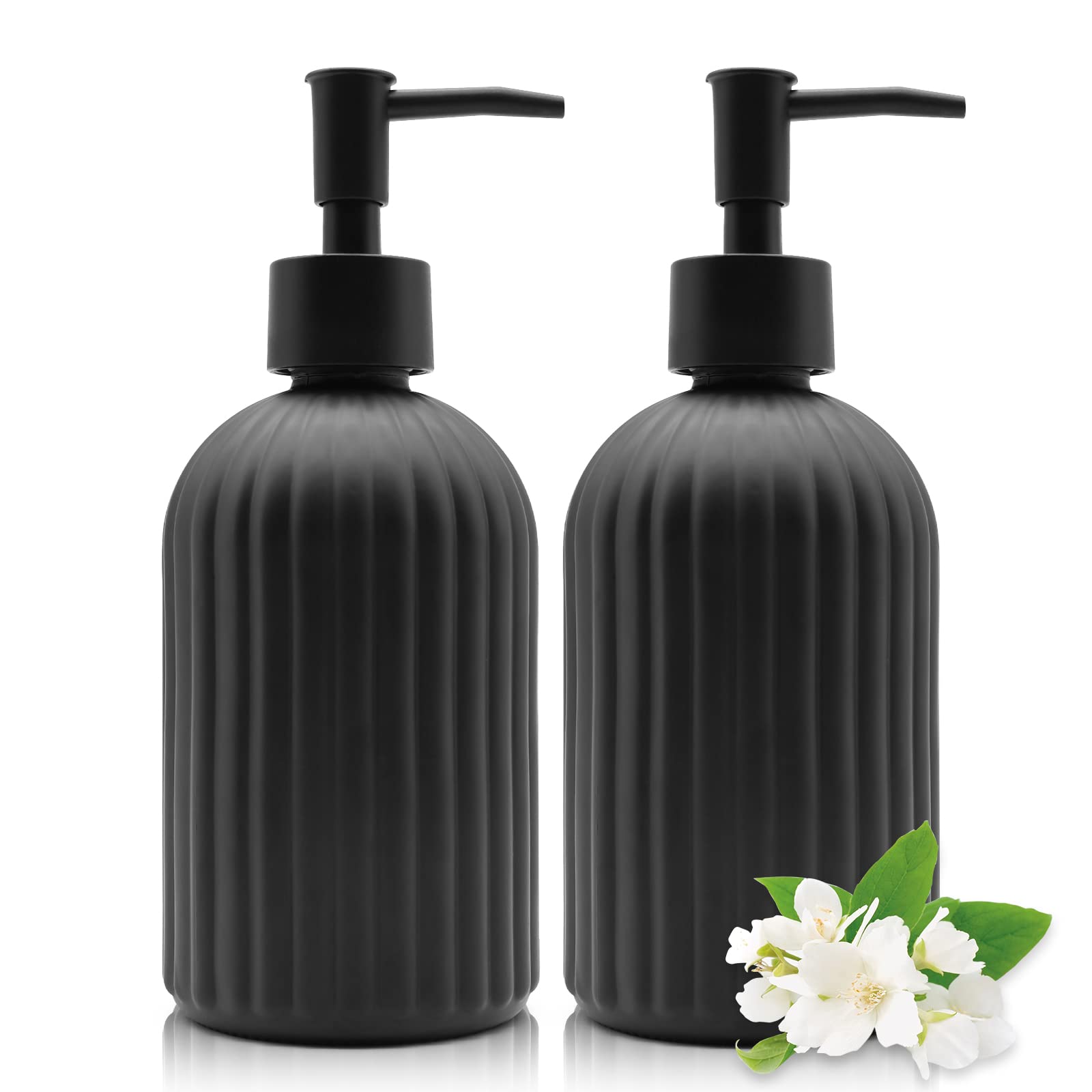 2 Pack Glass Soap Dispenser Bottle with Pump, 14 Oz Refillable Liquid Hand Jar Dispenser for Bathroom, Countertop, Kitchen, Laundry Room (Black)