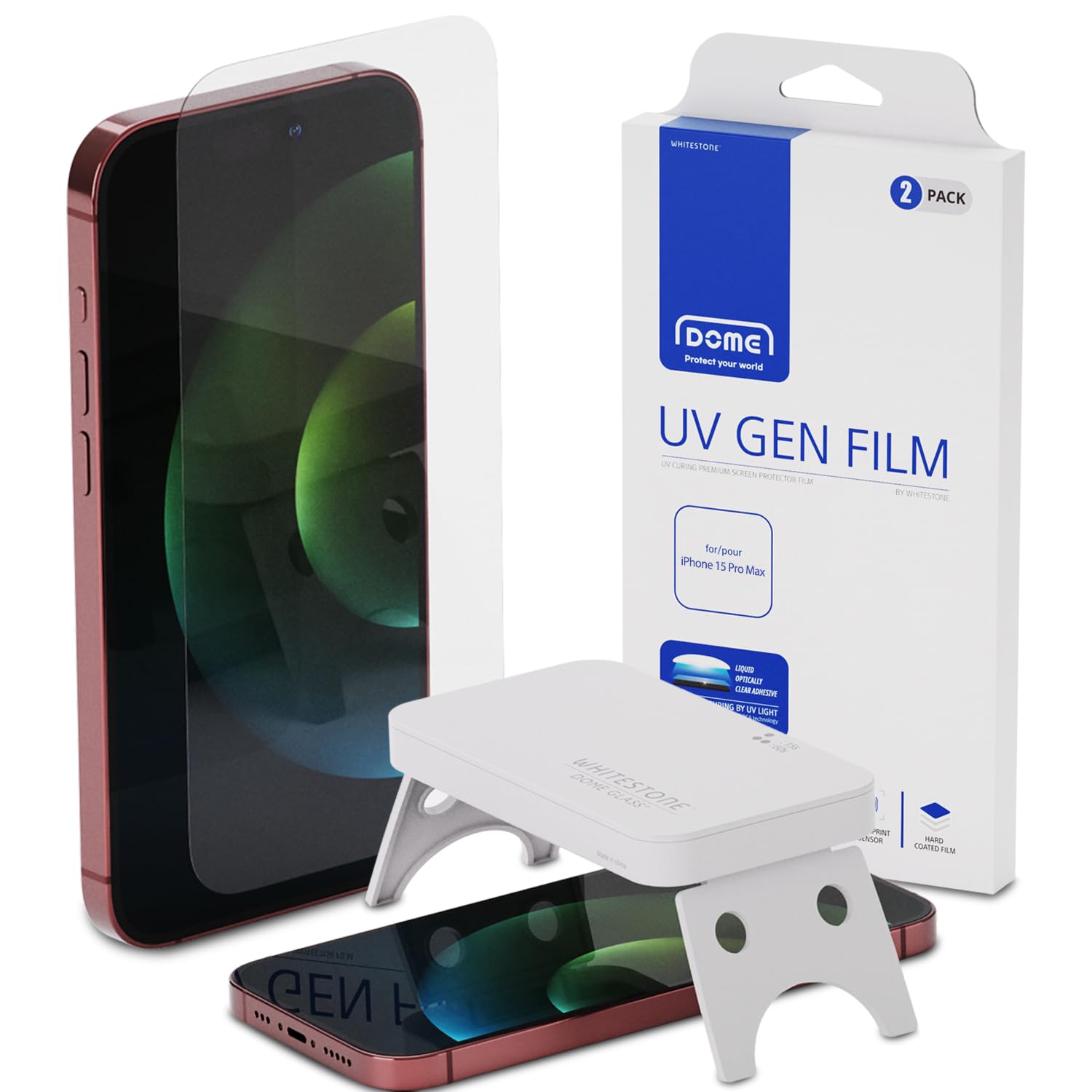 DOME GLASS Whitestone UV GEN Film Screen Protector compatible for iPhone 15 Pro Max [2pack] Hard Coated Film Screen Protector with UV light