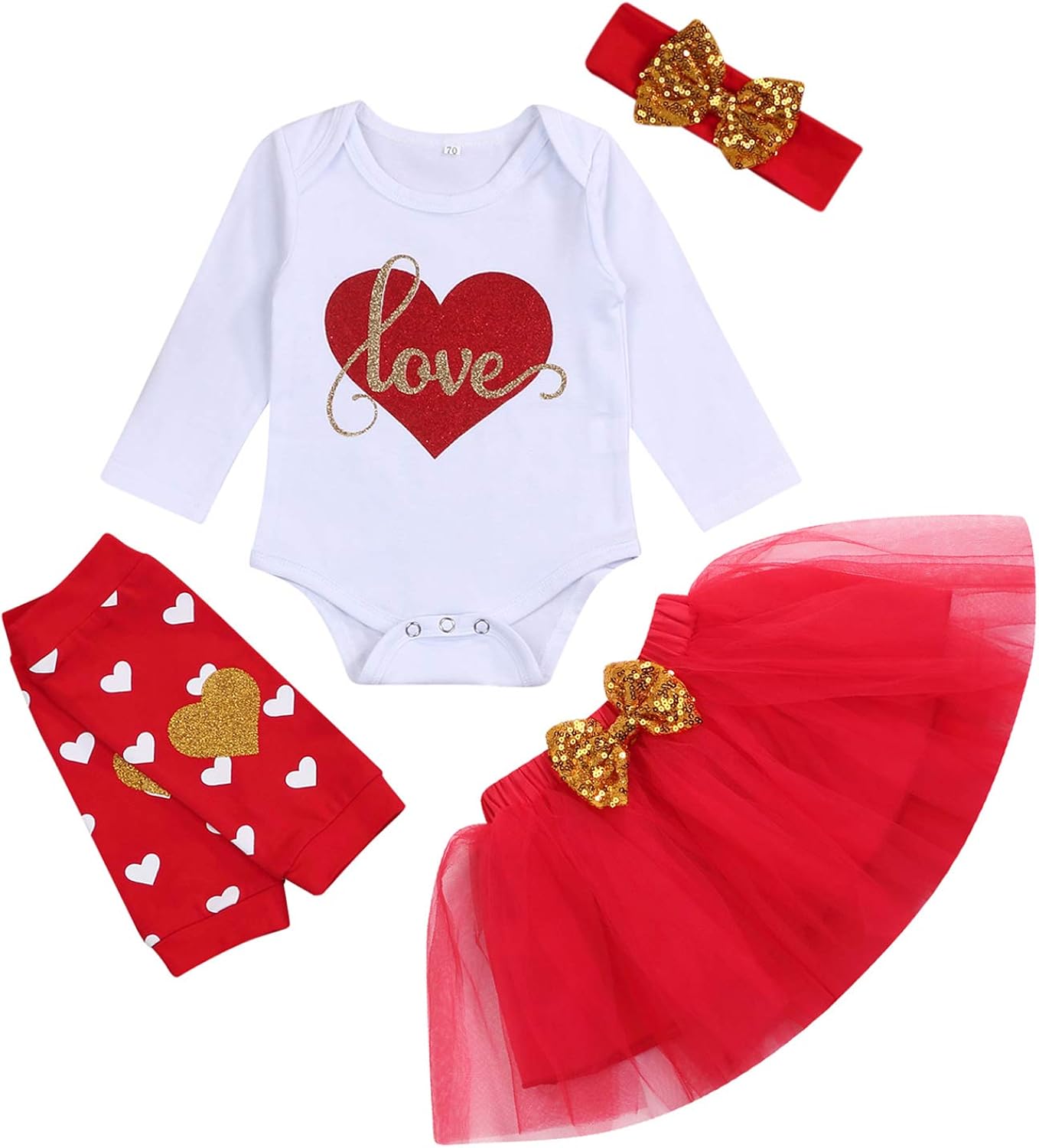 Baby Girls Skirt Outfits Toddler Kids Love Heart Print Romper+Tutu Dress+Leg Warmers+Headband 4Pcs Clothes Set