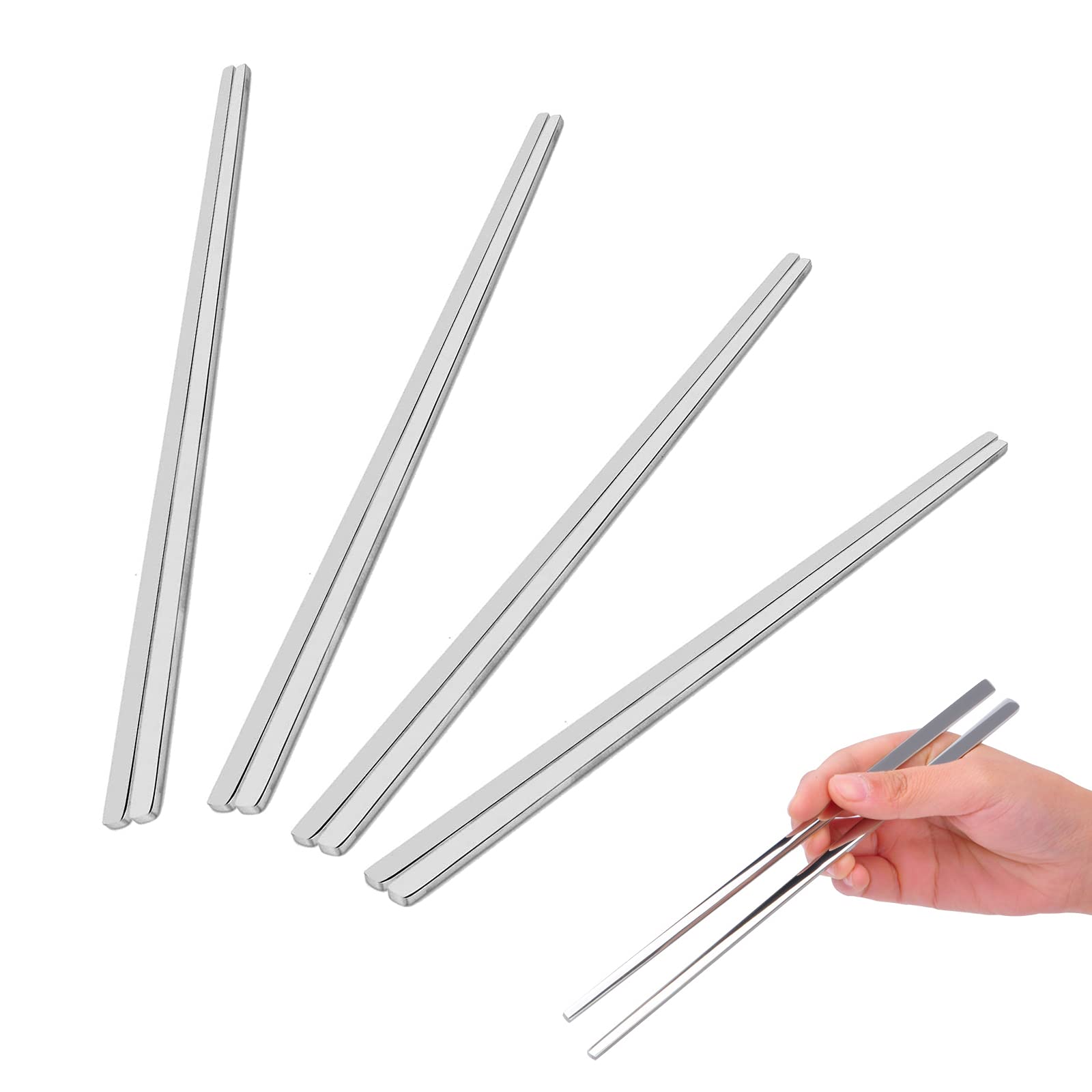 EQLEF Stainless Steel Chopsticks, 23cm Length (4 Pairs, Silver, Solid, Dishwasher Safe)