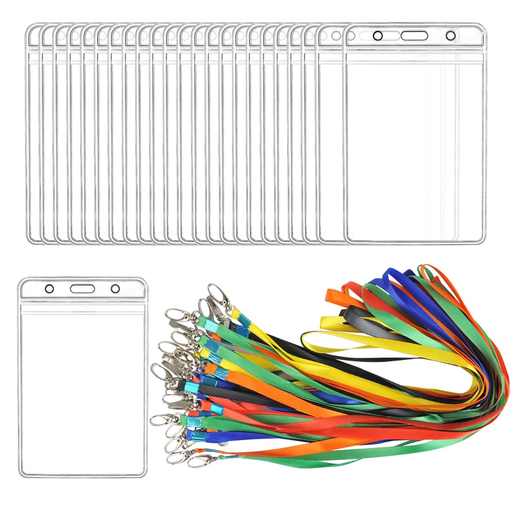 BUYGOO 24Pcs Name Badge Card Holders with Neck Lanyards for Staffs Students Teachers, Waterproof Clear ID Tags Holders and Neckstrap Vertical Name Card Holder for Office Exhibition Conference
