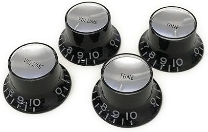 Amazon Yjb Parts リフレクターノブ エンボス文字 インチ 4pcs 日本製 ブラック シルバープレート エレキギターノブ スイッチ 楽器