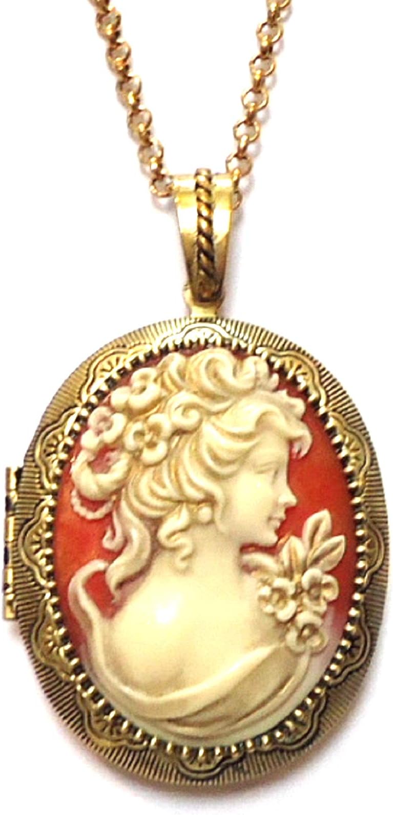 Large Vintage Style Oval Cameo Locket Pendant Necklace