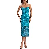 Milumia Women's Tie Dye Mesh Cami Long Dress Draped Neck Spaghetti Strap Midi Dresses