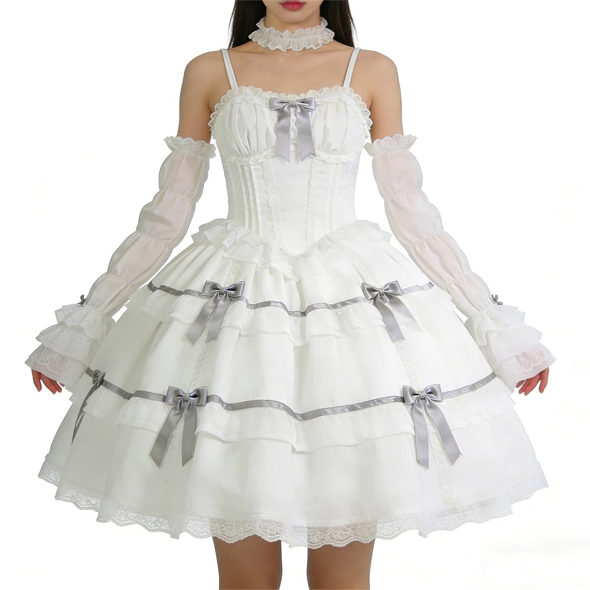 BPURB Lolita Layered Ruffled Long Arm Warmers Fingerless Gloves for Women Y2K Sweet Lace Arm Sleeve for Halloween Costume Cosplay Party