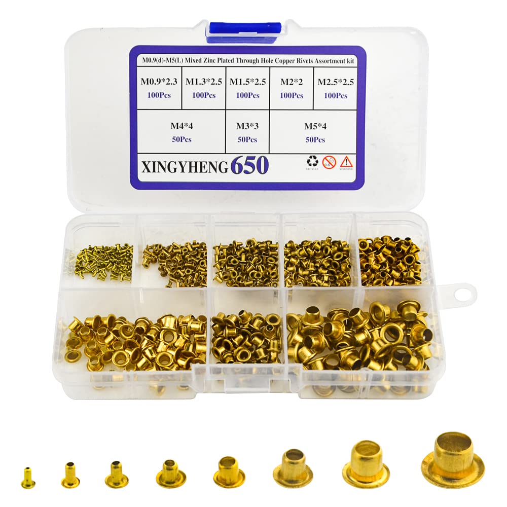 BGTXINGI 650PCS 8 Values M0.9(d)-M5(L) Mixed Zinc Plated Through Hole Copper Rivets Assortment kit(Whole Hollow Grommets Rivets Set with A Plastic Storage Kit)